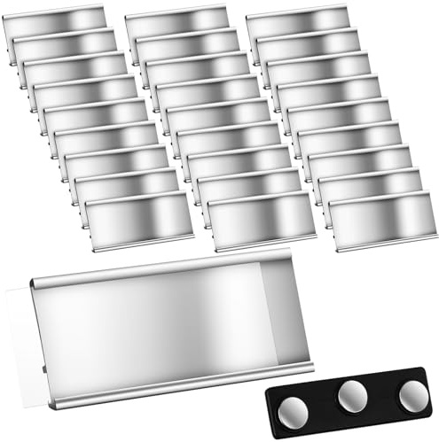 Placas Identificativas Magnéticas de Aluminio Etiquetas de Identificación con Doble Imán y Papel Insignias de Nombre Transparentes Anodizadas con Ranura, 72 x 32 mm, Plateado (30 Piezas)