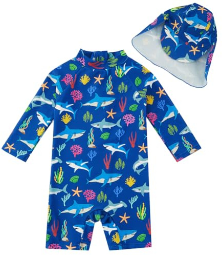 upandfast Costume da Bagno Intero per Bambini con Cappello da Sole(Squalo,12-18 Mesi)