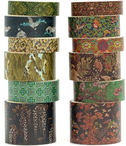 Songdao 12 rullar kinesisk stil Washi tejpset, dekorativa antika maskeringstejp, färgglada för konst, gör-det-själv-hantverk, dagbok, planerare, klippbok, förpackning (mandelblomma ås)