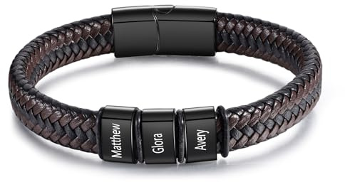 Lorajewel Bracciale da Uomo con Incisione - Regali Personalizzati in Pelle Nera - Braccialetto con Nome (3 Nome)
