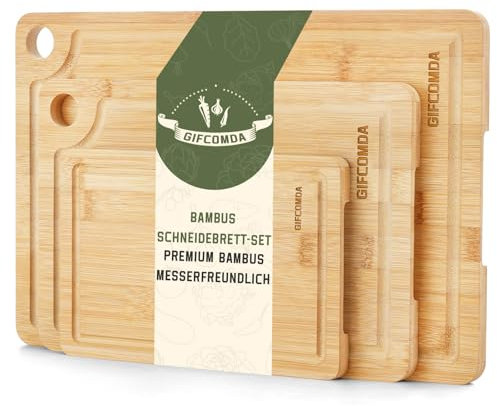 Gifcomda Schneidebrett Bambus 3er Set - Dicken Schneidebretter-Set mit Saftrillen und Griffen, Premium-Schneidebretter für Fleisch, Obst, Käse und Gemüse, vielseitiger Kücheneinsatz