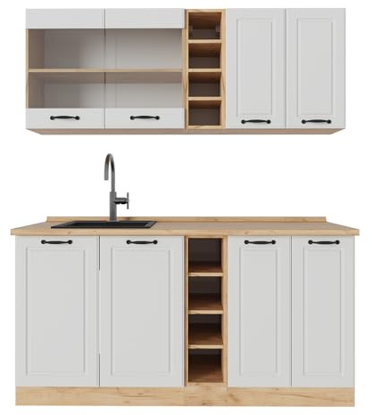 Vicco Singleküche R-Line, Weiß Landhaus/Goldkraft Eiche, 160 cm, AP Eiche, zur individuellen Kombination und Erweiterung geeignet