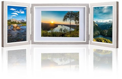 Shodiffy Bilderrahmen Klappbar, Bilderrahmen Aufklappbar für 3 Bilder Bilderrahmen Collage Holzdeko in Querformat und Hochformat 10x15cm *2 + 13x18 cm *1 (Grau)