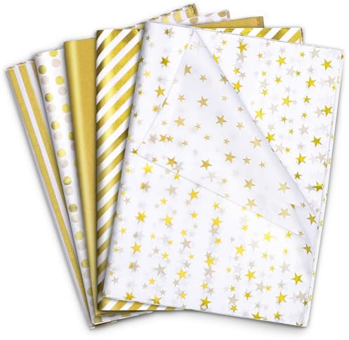woric 120 Sheets Gold White Tissue Paper, 5 Styles Star Gift Tissue Paper Wedding Tissue Paper for Gift Bags Birthday Wedding Party Decoration DIY Arts Crafts (50x35cm)