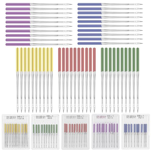 50PCS Sewing Machine Needle, Universal Heavy Duty 5 Sizes 65/9, 75/11, 90/14, 100/16, 110/18 Needles for Sew Thick Fabrics,Compatible with Singer Brother Janome Sewing Machine Accessories