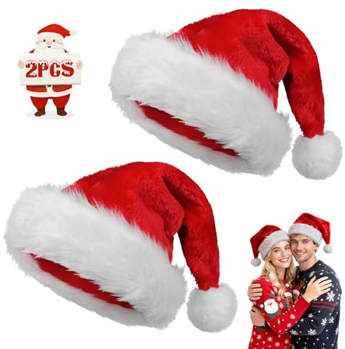 Czyan 2 Pack Santa Hat for Adults - Classic Stretchable Velvet Christmas Hats with White Fluffy Pom Pom and Brim, Unisex Xmas Party Supplies for Christmas, Office Party, New Year Festival