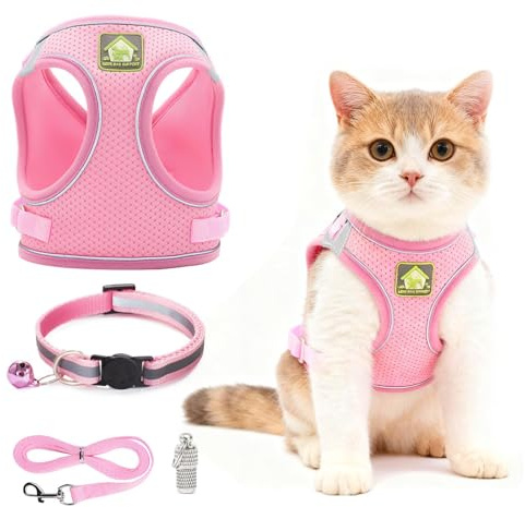 Pink Kitten Harness and Lead Set, Cat Lead Escape Proof Adjustable Kitten Harness Breathable Soft Mesh Vest Harness and Lead with Reflective Strip for Small Medium Cats Pets Walking (XS)
