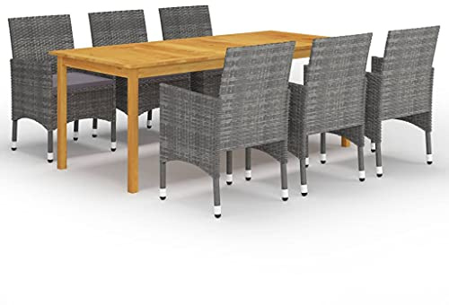 QJBSAVVA 7-TLG. Gruppo da giardino grigio legno di acacia 200 x 90 x 74 cm con 6 sedie in rattan PE imbottito 4 cm Design moderno robusto e durevole per balcone terrazza giardino