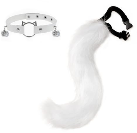 Xerteam Rävkostym tillbehörsset, superenorm fluffig rävpäls svans räv krage med klocka, justerbar storlek för man kvinna, djurkostym för cosplay kostym fest (vit)