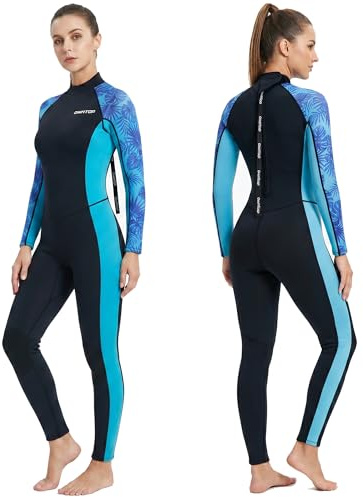 Owntop Dam våtdräkt 3/2 mm neopren helkropp dykdräkt, långärmad våta kostymer för dykning surfning, snorkling, termisk för kallt vatten med UV-skydd, blå blad S