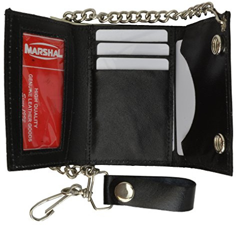 BLACK GENUINE LEATHER Trifold Biker's Wallet ID Card Holder w/Chain Skull