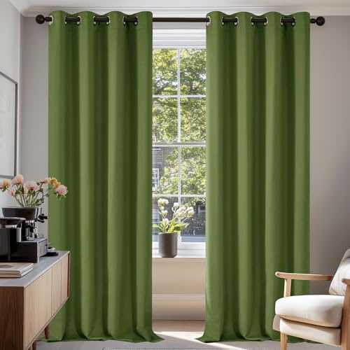 Deconovo Super Soft Ring Top Thermal Insulated Blackout Curtains for Bedroom Eyelet 55x96 Inch 2 Panels Green