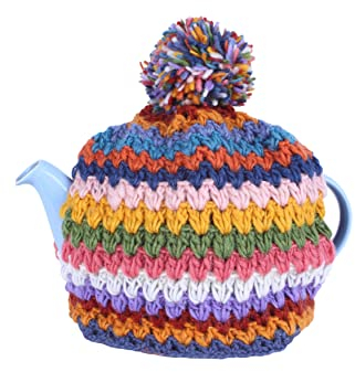 Pachamama Handknitted Medium 4-6 Cup 1.2L Wool Tea Cosy/Teapot Cover - Crochet Stripe Insulated Handmade Fair Trade Multicoloured