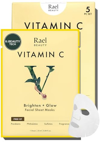 Rael Masque Visage Vitamin C – Skincare Coréenne, éclat & illuminateur, Extraits de Fruits & Niacinamide, Masque en tissu de bambou, Sans parfum & PEGs, Vegan & Cruelty-Free (5 unités)
