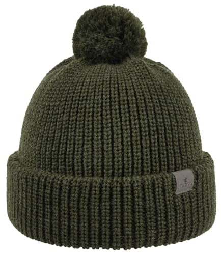 LIERYS Navigat Pudelmütze Damen Herren Strickmütze Made in Germany Bommelmütze aus Schurwolle Wollmütze mit Umschlag Herbst Winter Oliv One Size