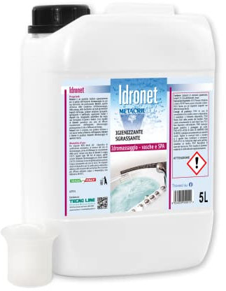 Metacril Idronet + Vaso Graduado, Limpiador específico para bañeras de hidromasaje y spas, no espumante, Limpia y desengrasa - 5 LT