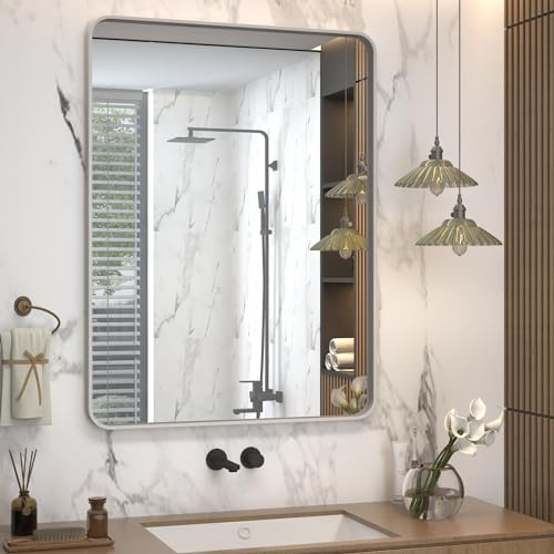 CHARMOR 24x32 Inch Brushed Nickel Bathroom Mirror, Rounded Rectangle Silver Metal Frame Mirror, Silver Bathroom Vanity Mirror, Anti-Rust, Hangs Horizontally or Vertically