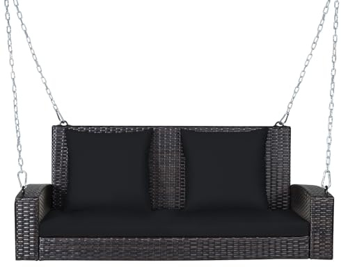 SFAREST 2 Person Rattan Swing Set With Cushions - A-Shaped Stand and Loveseat Bench for Patio Garden (Black Cushions)
