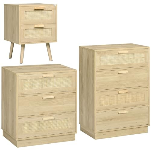 HOMCOM Conjunto para el Hogar Incluye 1 Mesita de Noche 1 Cómoda con 3 Cajones y 1 Cómoda con 4 Cajones de Rejilla de Ratán Estilo Bohemio Natural