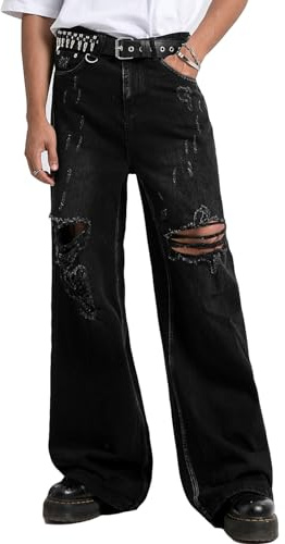 COOLMONAR Men's Baggy Jeans Ripped Black Wide Leg Distressed Destroyed Jean Denim Pants, Black, S