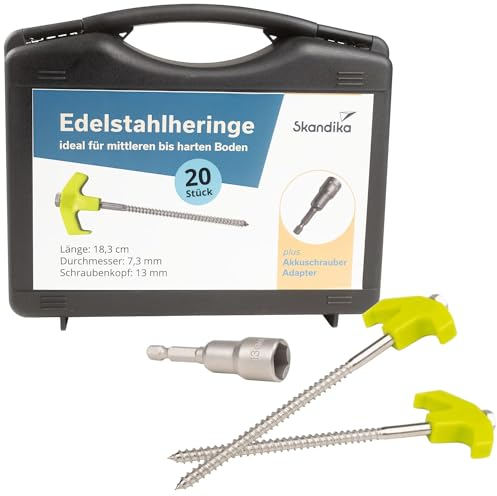 Skandika Edelstahl Zeltheringe | 20er Stahlheringe Set für Harte Böden, stabile Heringe mit Gewinde, Sturmsicher, Adapter für Akkuschrauber, Schraubheringe, Erdanker, Bodenanker | Camping Zubehör