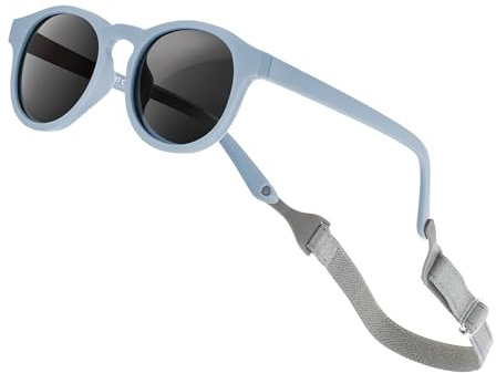 AEUNIV Lunettes de soleil pour bébé avec sangle, monture ronde rétro, flexible, polarisée, UV400, pour nourrisson, nouveau-né, fille, garçon de 0 à 24 mois, gris/bleu, Baby