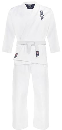 TREXO Karatega con bordado Kyokushin para karate en color blanco para 120 cm de estatura, juego de pantalones regulables, kimono, cinturón, ideal para principiantes, costuras fuertes, materiales