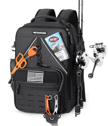 KastKing KarryAll KastMate Fishing Tackle Backpack,Water-Resistant Tackle Bag With 2 Rod Holders,Fishing Gear and Equipment With Large Gear Storage,Black