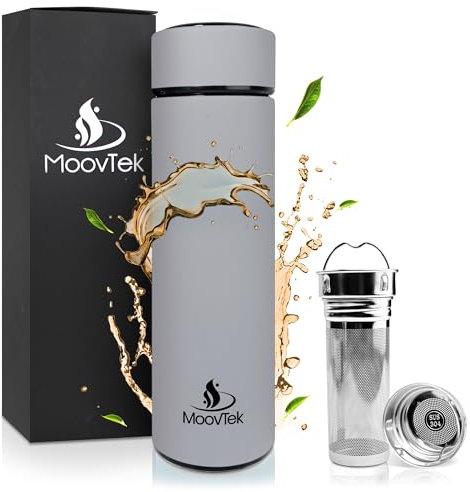 Original Bouteille Infusion thé & Fruits Isotherme en INOX Double paroi 18/8 avec INFUSEUR EXTRA LONG 400ml - (Gris)