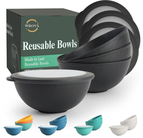 Wrova Deep Salad Bowls Set with Lid 40 oz - Reusable Serving Bowls Set for Soup, Salad, Oatmeal, Plastic Bowls Reusable Microwave Safe Bowls for Camping, Picnic, RV - Black