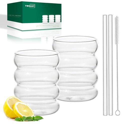 twoant Lot de 2 verres à boire nervurés avec pailles Verre a Eau Soda Cocktail Transparent à Soft Drink Jus Gobelet