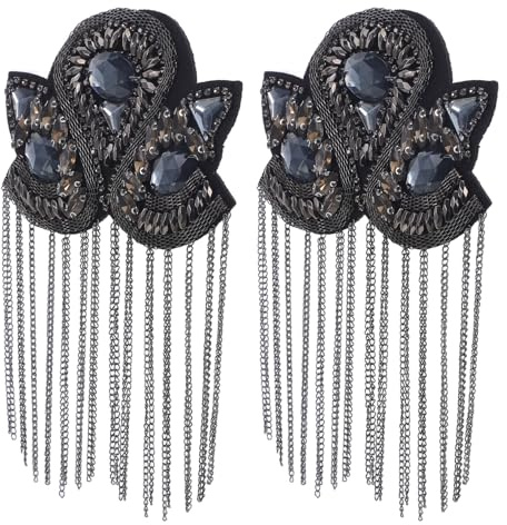 HOMSFOU 2Pcs Punk Metal Tassel Epaulettes Shoulder Fringe with Rhinestone Beaded Brooch Pins for Jackets Blazers Costume Clothing Accessories