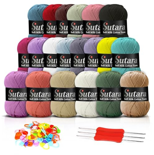 Sutara 20 Pack Milk Cotton Yarn Kit for Crochet and Knitting 45-50g Balls - Soft Crochet Wool for Amigurumi and Baby Wool Projects, Knitting Kit Yarn for Crochet, Hook, Stitch Marker (Light Colours)