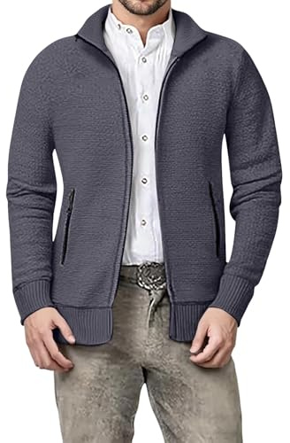 Generisch Chaleco tradicional para hombre, cárdigan clásico con cierre de cremallera y cuello de punto, chaqueta de manga larga, informal, chaleco de punto Janker Trachtenjanker Oktoberfest, gris, XXL