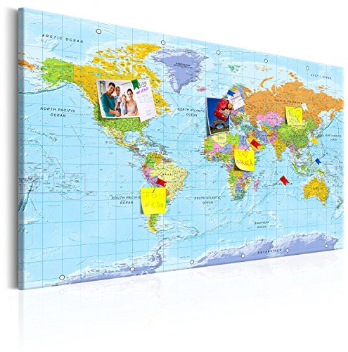 murando - Pannello di Fibra con Puntine - Mappa Mondo 120x80 cm 1 Pezzo - Bacheca & Quadro su tela in un uno - Decorativo per Parete - Lavagna Grande per le Note Ufficio - Planisfero k-A-0094-v-a