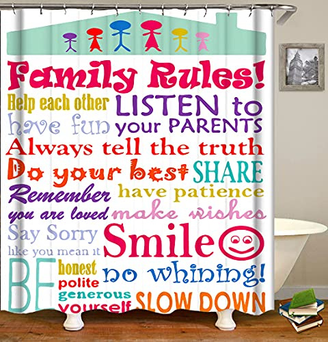 Raymall Family Rules Shower Curtain Child Educational Word Cloud 72x72 Inch Polyester Fabric with Hooks for Boys Kids Bathroom Decor
