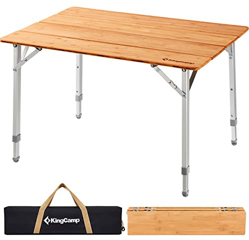 KingCamp Adjustable Height Folding Table, 4-Fold Bamboo Camping Outdoor Portable RV Camp Table with Carry Bag for Outdoor Car Backyard Picnic Tailgating Beach