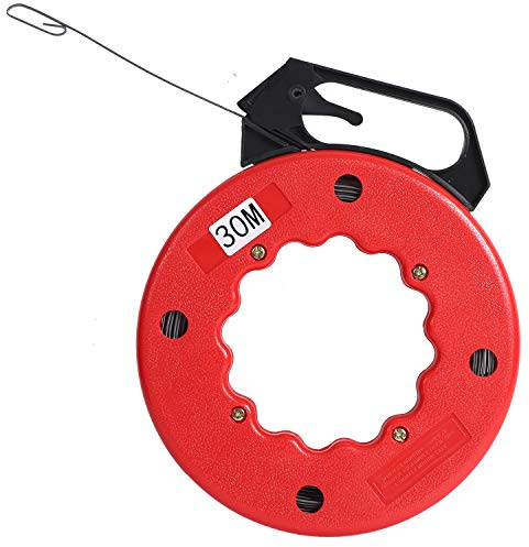 KINJOEK 100 Feet Steel Fish Tape in Red Plastic Housing Retractable Wire Fish Tape Reel Pulling for Heavy Duty Pulls, Short Runs and Conduit Measuring