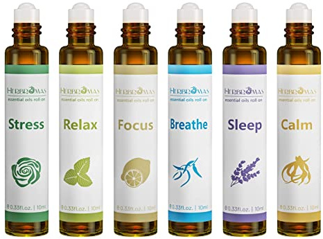 HERBROMAS Aromatherapy Essential Oils Roll On Set, Natural Pre-diluted Blend Oils for Skin Use, Relaxation Gift for Women & Men, Pack 6 x10ml