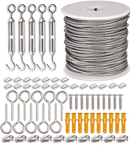 JIZZU 66 Stück Edelstahl Stahlseil Kit, PVC-ummantelt Edelstahlseil Stahlkabel 2 mm mit Ösen Haken, 304 Edelstahl Seil Garten Drahtseile für Suspension, Wäscheleine, Gardinenseil