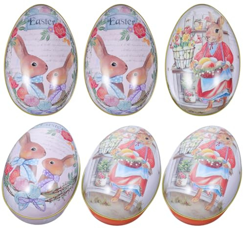 jojofuny 6pcs Easter Rabbit Tin Box Creative Egg Shaped Candy Case Metal Jewelry Coin Storage Holder Tinplate For Egg Hunt Game Spring Easter Basket Stuffer 12.5x8.5x9cm