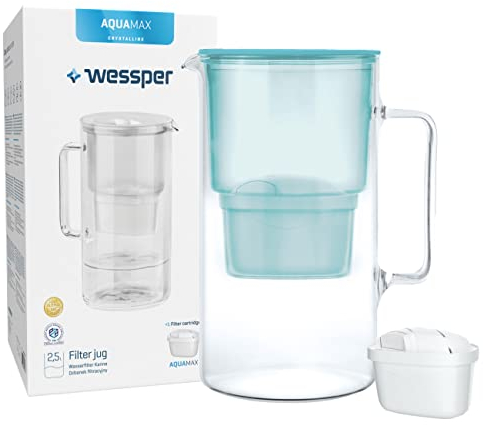 Wessper Jarra filtradora de vidrio con 1 cartucho de filtro 3 Litros | Reemplazo para Dafi Unimax Aquaphor A5 BRITA Maxtra+ PHILIPS AWP212/10 | Reduce la cal, el cloro y los Microplásticos, Mint