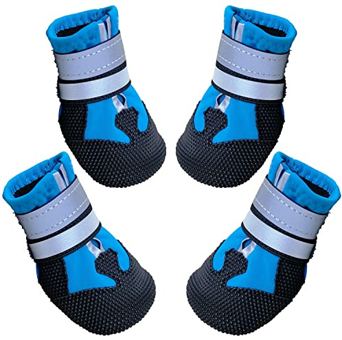 AMOMYDOG Zapatos para Perros, Juego de 4 Botas Perro, Patucos Perros con Correas Reflectantes Ajustables y Suela Antideslizante, Protector Patas para Perros Pequeños Medianos y Grandes (Azul, XL)