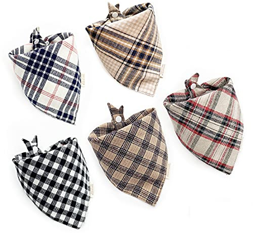 Fall 5PCS Dog Bandanas with Button - Autumn Thanksgiving Thick Triangle Bibs Dual Layer Soft Cotton Scarf for Small Medium Large Boy Girl Puppy Cat Pet Plaid Kerchief Halloween Costumes Outfits