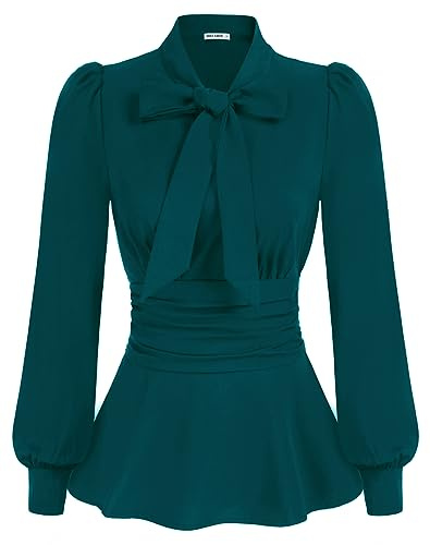 GRACE KARIN Mujer Blusa Entallada Manga Larga Abullonada con Lazo Peplum Negro/Marfil