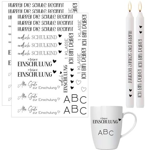 ALLAVA Kerzen Tattoo Folie,Kerzentattoo Sehuleingührung,Tattoo Folie Kerzen zur Einschulung,ABC,Einschulung,Hurra Die Schule Beginnt Kerzenfolie,Kerzen Aufkleber,Kerzen Beschriften,Wasserschiebefolie