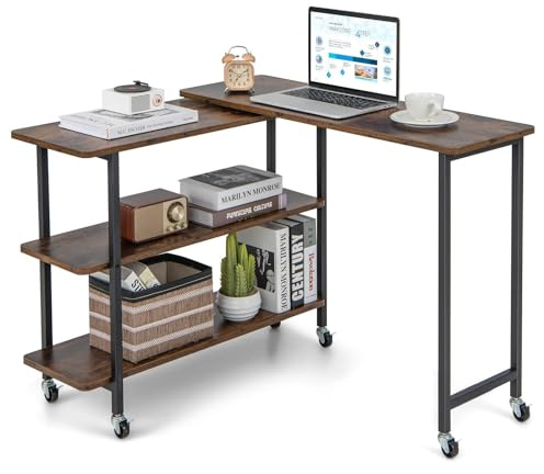 CASART Sofa Side Table, L-Shaped Computer Corner Desk with Wheels &Storage Shelves, 360 Degree Rotating Space Saving End Table for Home Office Living Room Bedroom (Rustic Brown, 140 x 30 x 69cm) | with Wheels &Storage Shelves, 360 Degree Rotating Space Saving End Table for Home Office Living Room Bedroom