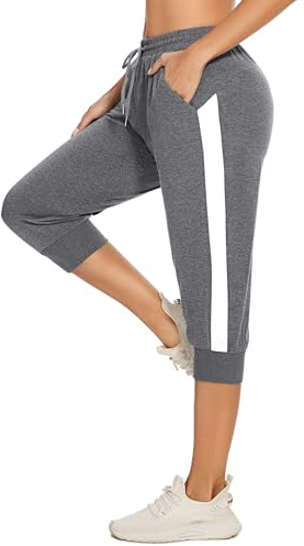 Jezonga Pantaloni Tuta Donna Cotone Leggeri 3/8 Pantaloni Capri Donna Pantaloni al Ginocchio Donna Estivi Pantaloni Pinocchietto con Tasche per Yoga Sport e Casual(Grigio Scuro,L
