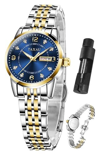 Taxau Damenuhr Silber Blaues Zifferblatt Quarzuhren Damen Armbanduhr Wasserdicht Women'S Silver Watch GüNstig Edelstahl Armbanduhr Damen Blau Elegant Metallarmband Frauen Uhren Luxus Diamant Mit Datum