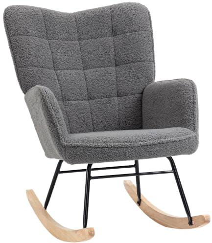 HOMCOM Fauteuil à Bascule, Rocking Chair, Revêtement Bouclette, Gris Foncé | Chaise à Bascule, Structure en Acier, Pieds en Bois Massif